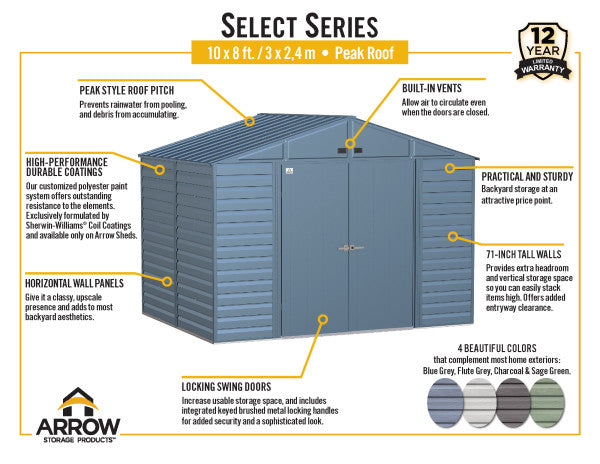 Shelter Logic Arrow Select Steel Storage Shed, 10x8, Flute Grey