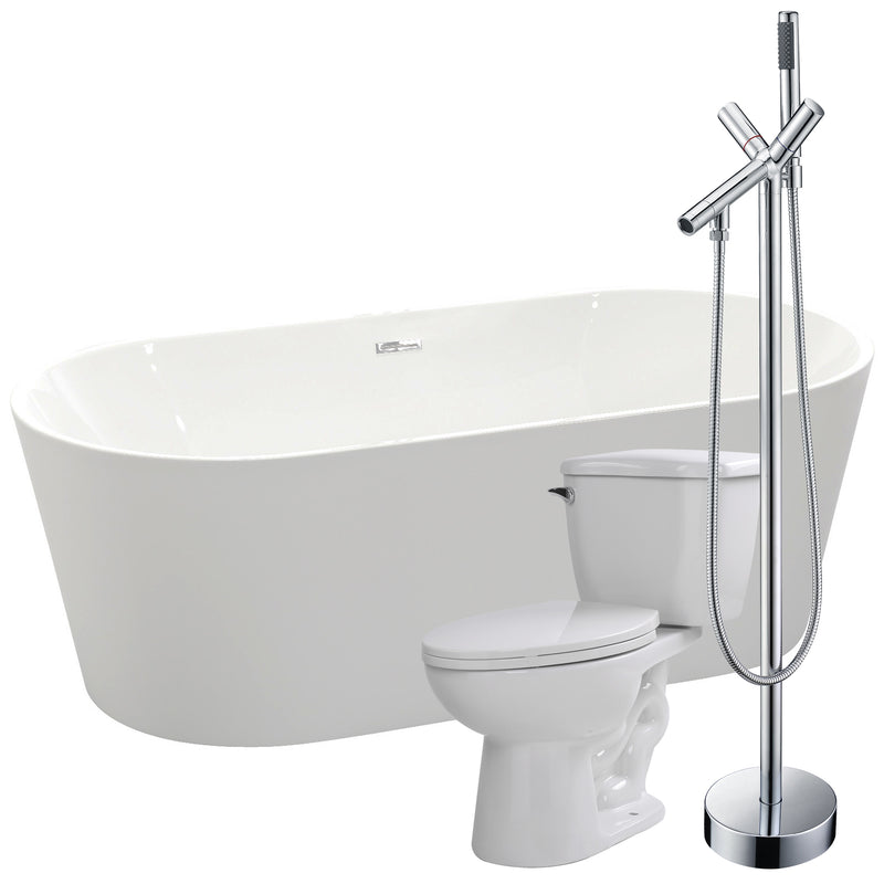 ANZZI Chand 67 in. Acrylic Flatbottom Non-Whirlpool Bathtub with Havasu Faucet and Kame 1.28 GPF Toilet