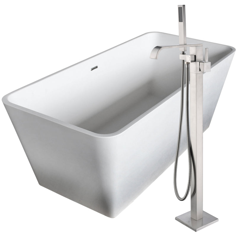 ANZZI Cenere 58.25 in. Solid Surface Soaking Bathtub in White with Angel Faucet in Brushed Nickel