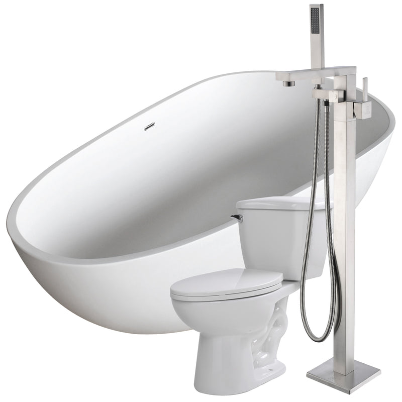 ANZZI Fiume 67 in. Solid Surface Soaking Bathtub with Khone Faucet and Kame 1.28 GPF Toilet