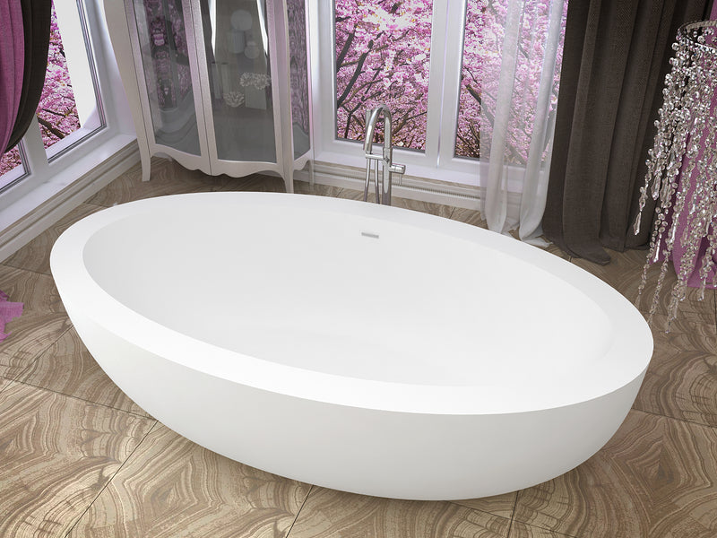 ANZZI Kekehun 6.3 ft. Solid Surface Center Drain Freestanding Bathtub in Matte White