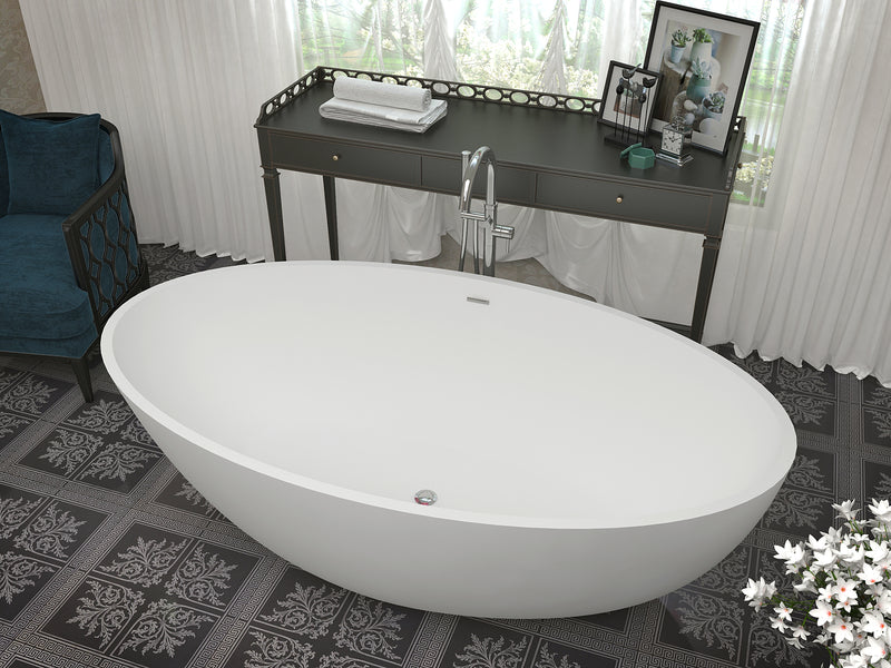 ANZZI Cestino 5.5 ft. Solid Surface Center Drain Freestanding Bathtub in Matte White