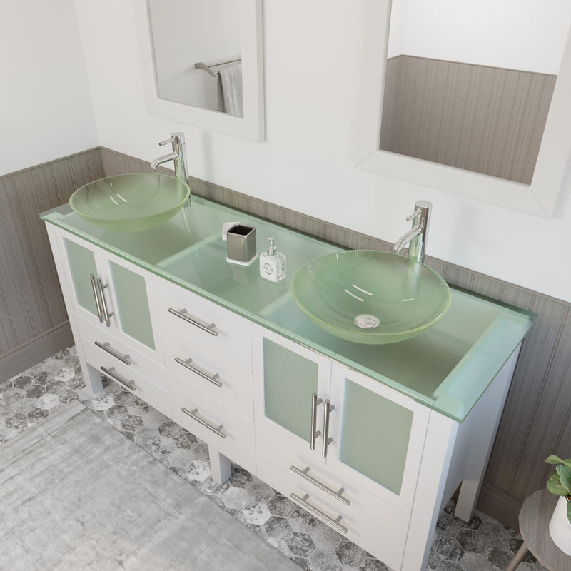 Cambridge Plumbing 63 Inch White Wood and Glass Vessel Sink Double Vanity Set