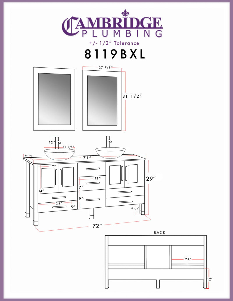 Cambridge Plumbing 72 Inch White Wood and Glass Vessel Sink Double Vanity Set