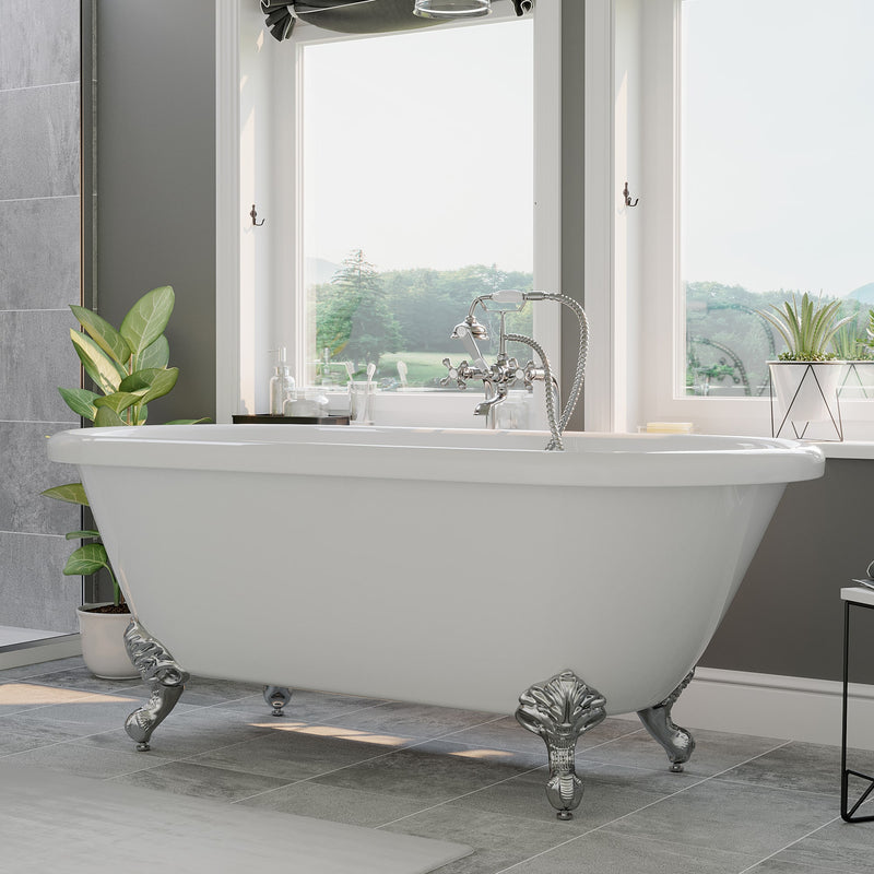 Cambridge Plumbing Acrylic Double Ended Clawfoot Bathtub 60" X 30" with no Faucet Drillings and Complete Polished Chrome Plumbing Package