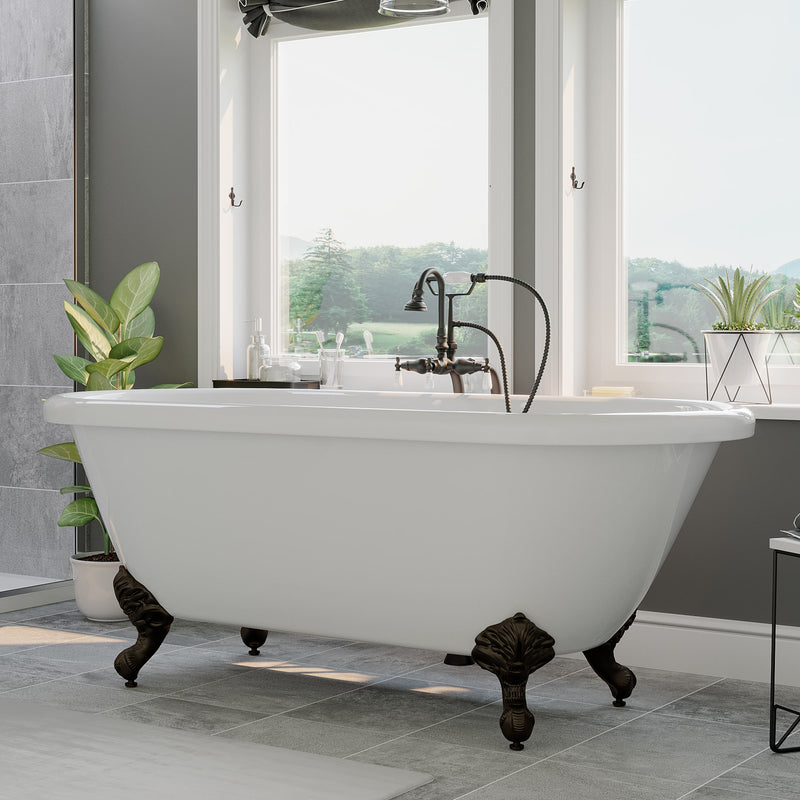 Cambridge Plumbing Acrylic Double Ended Clawfoot Bathtub 60" X 30" with no Faucet Drillings and Complete Oil Rubbed Bronze Plumbing Package