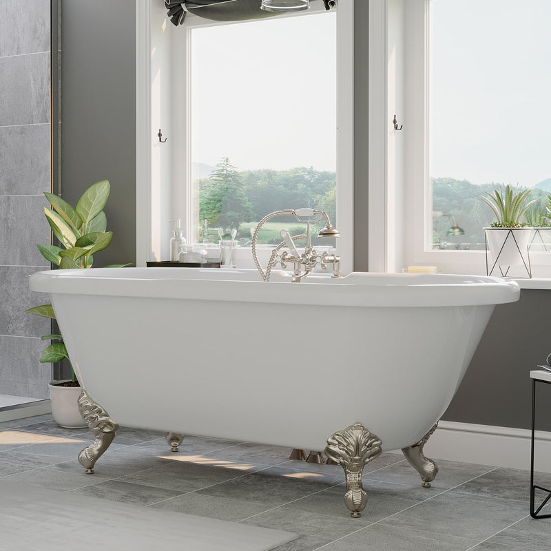 Cambridge Plumbing Acrylic Double Ended Clawfoot Bathtub 60" X 30" with 7" Deck Mount Faucet Drillings and complete Brushed Nickel Plumbing Package