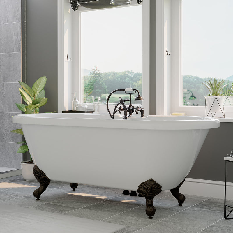 Cambridge Plumbing Acrylic Double Ended Clawfoot Bathtub 60" X 30" with 7" Deck Mount Faucet Drillings and complete Oil Rubbed Bronze Plumbing Package double ended Tub with Classic faucet/ cross handles