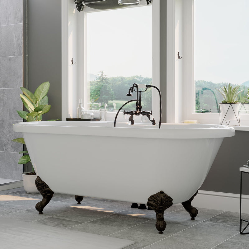 Cambridge Plumbing Acrylic Double Ended Clawfoot Bathtub 60" X 30" with 7" Deck Mount Faucet Drillings and complete Oil Rubbed Bronze Plumbing Package