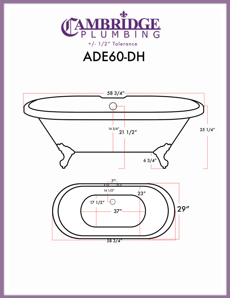 Cambridge Plumbing Acrylic Double Ended Clawfoot Bathtub 60" X 30" with Faucet Drillings and Complete Chrome Plumbing Package