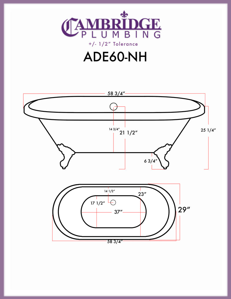 Acrylic Double Ended Clawfoot Bathtub 60" X 30" with no Faucet Drillings and Complete Brushed Nickel Plumbing Package