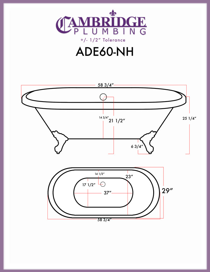 Cambridge Plumbing Acrylic Double Ended Clawfoot Bathtub 60" X 30" with no Faucet Drillings and Complete Polished Chrome Plumbing Package