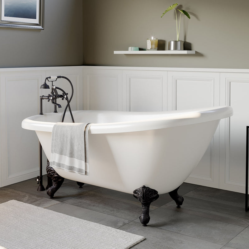 Cambridge Plumbing Acrylic  Slipper Bathtub 67" X 28" with 7" Deck Mount Faucet Drillings and Oil Rubbed Bronze Feet