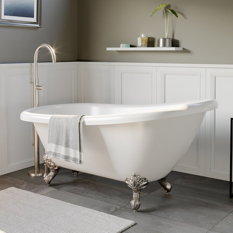 Cambridge Plumbing Acrylic  Slipper Bathtub 67" X 28" with No Faucet Drillings and Brushed Nickel Feet