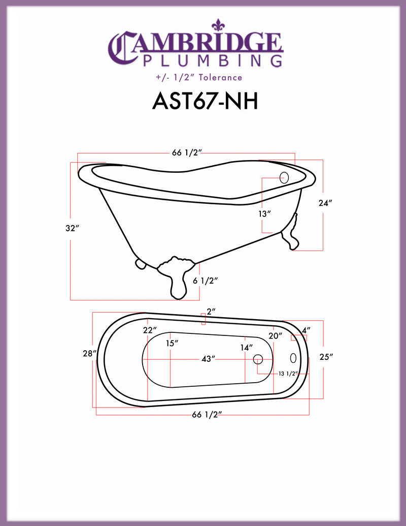 Cambridge Plumbing Acrylic  Slipper Bathtub 67" X 28" with No Faucet Drillings and Polished Chrome Feet