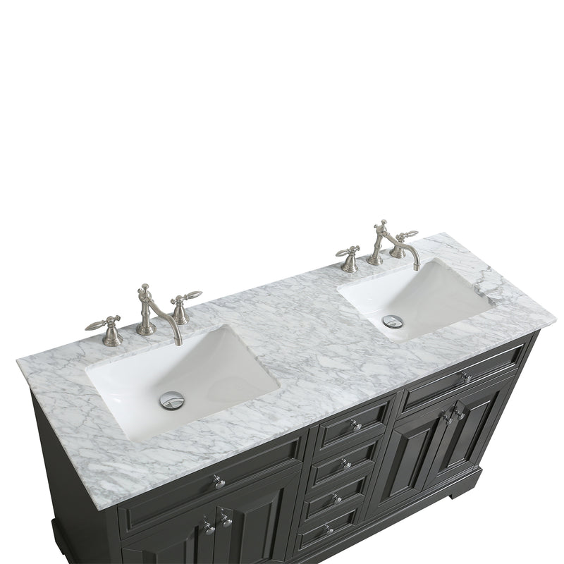 Eviva Monroe 60" Gray Transitional Double Sink Bathroom Vanity w/ White Carrara Top