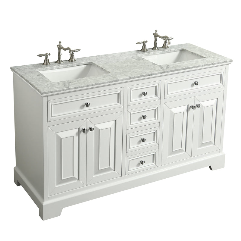 Eviva Monroe 60" White Transitional Double Sink Bathroom Vanity w/ White Carrara Top