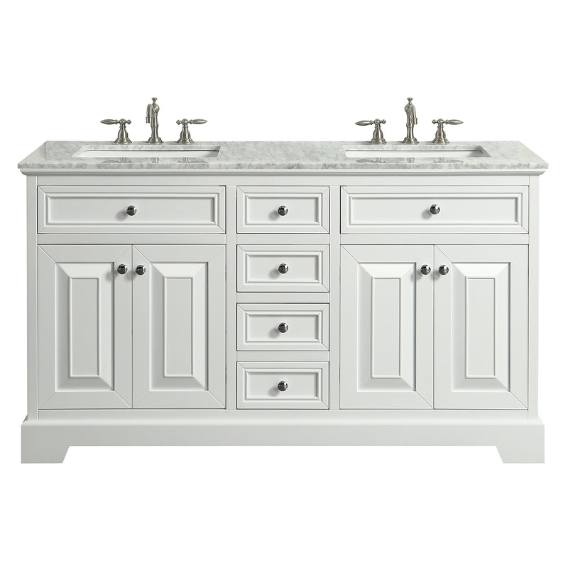 Eviva Monroe 60" White Transitional Double Sink Bathroom Vanity w/ White Carrara Top