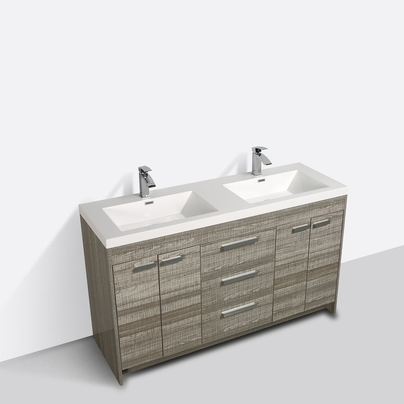Eviva Lugano 60" Ash Modern Double Sink Bathroom Vanity w/ White Integrated Top