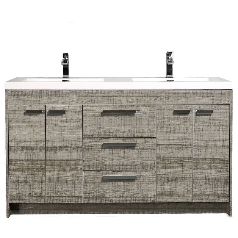 Eviva Lugano 60" Ash Modern Double Sink Bathroom Vanity w/ White Integrated Top