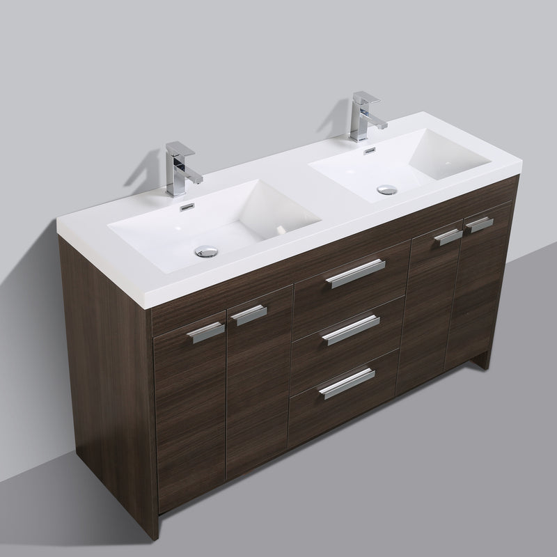 Eviva Lugano 60" Gray Oak Modern Double Sink Bathroom Vanity w/ White Integrated Top