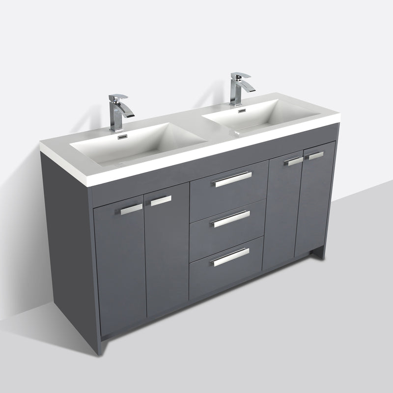 Eviva Lugano 60" Gray Modern Double Sink Bathroom Vanity w/ White Integrated Top