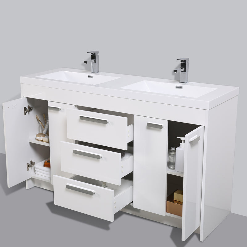 Eviva Lugano 60" White Modern Double Sink Bathroom Vanity w/ White Integrated Top