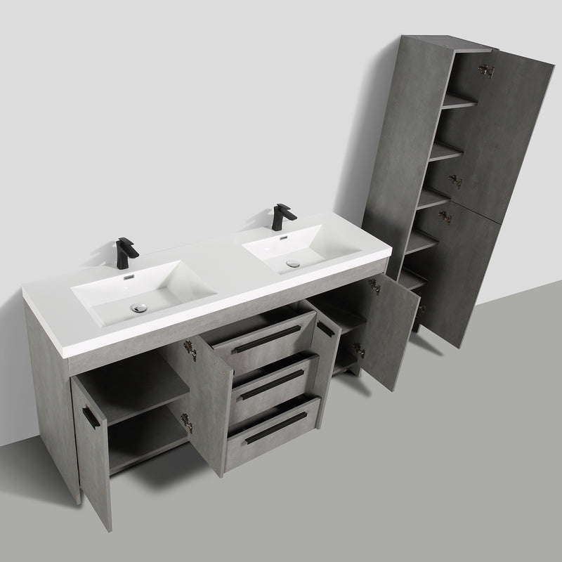 Eviva Lugano 72" Cement Gray Modern Double Sink Bathroom Vanity w/ White Integrated Top