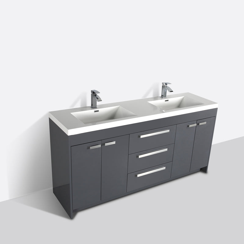 Eviva Lugano 72" Gray Modern Double Sink Bathroom Vanity w/ White Integrated Top