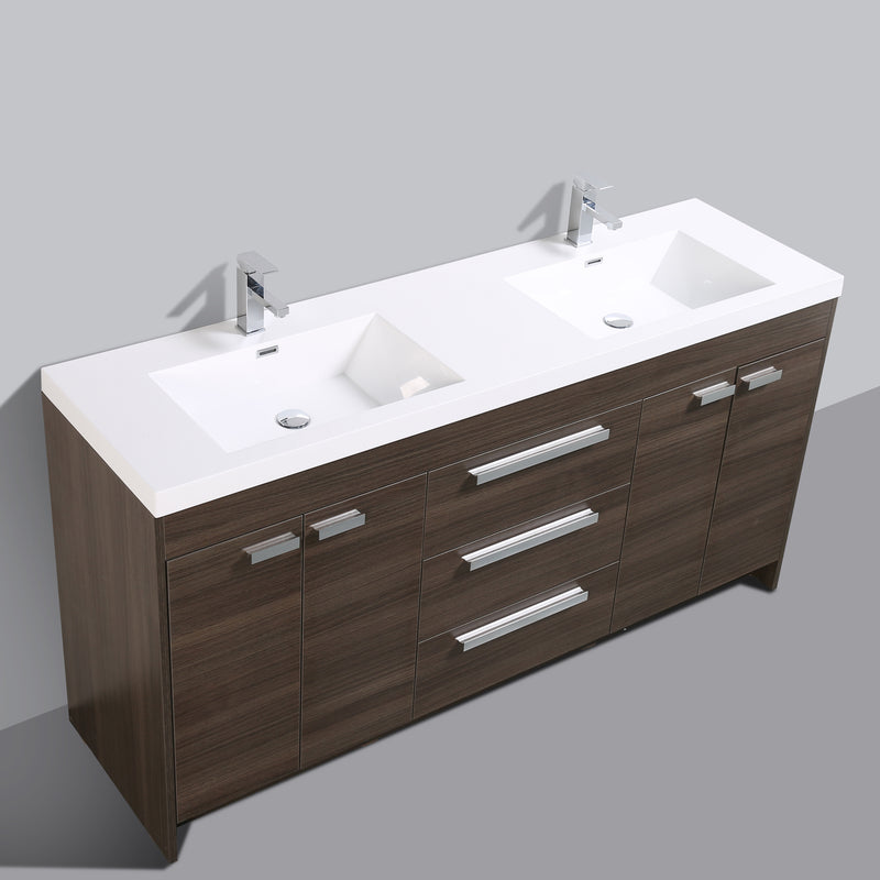 Eviva Lugano 72" Gray Oak Modern Double Sink Bathroom Vanity w/ White Integrated Top