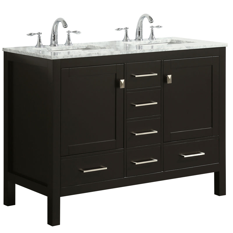 Eviva Aberdeen 48" Espresso Transitional Double Sink Bathroom Vanity w/ White Carrara Top