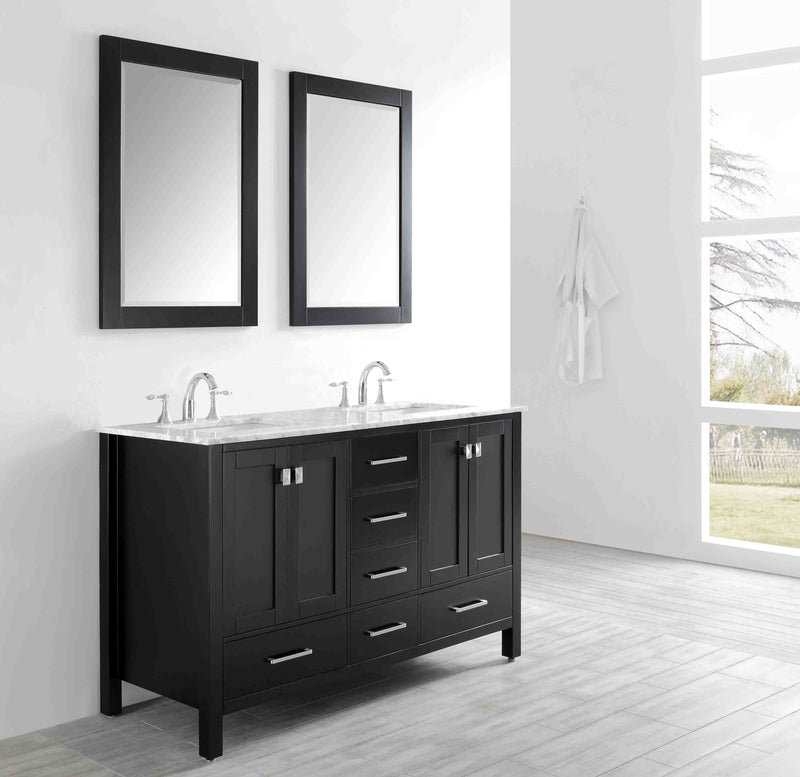 Eviva Aberdeen 60" Espresso Transitional Double Sink Bathroom Vanity w/ White Carrara Top