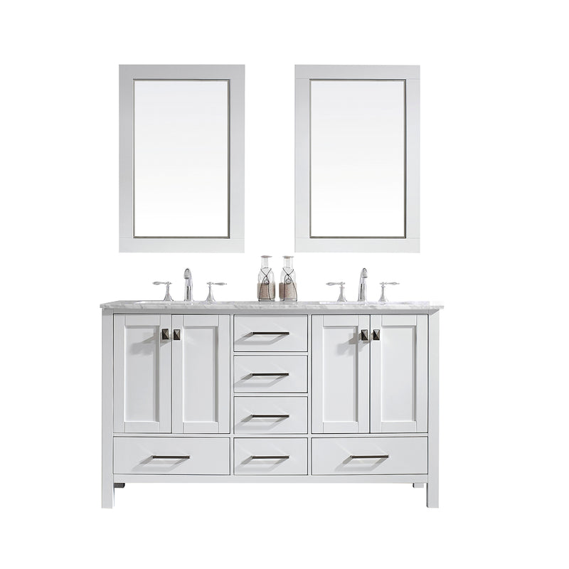 Eviva Aberdeen 60" White Transitional Double Sink Bathroom Vanity w/ White Carrara Top