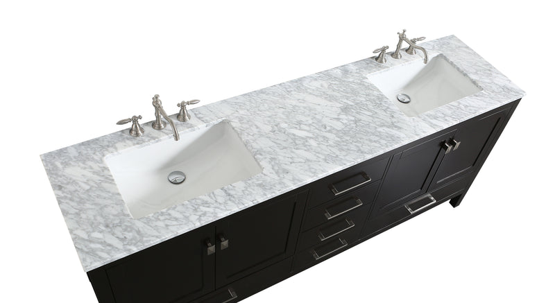 Eviva Aberdeen 78" Espresso Transitional Double Sink Bathroom Vanity w/ White Carrara Top