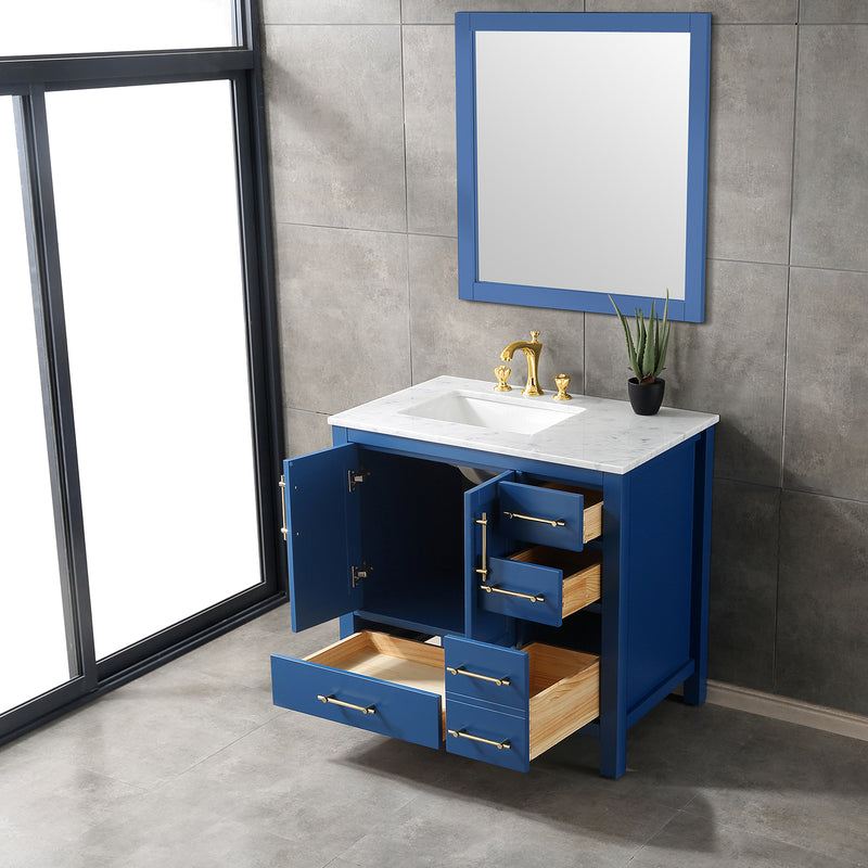 Eviva Navy 36" Deep Blue Transitional Bathroom Vanity w/ White Carrara Top