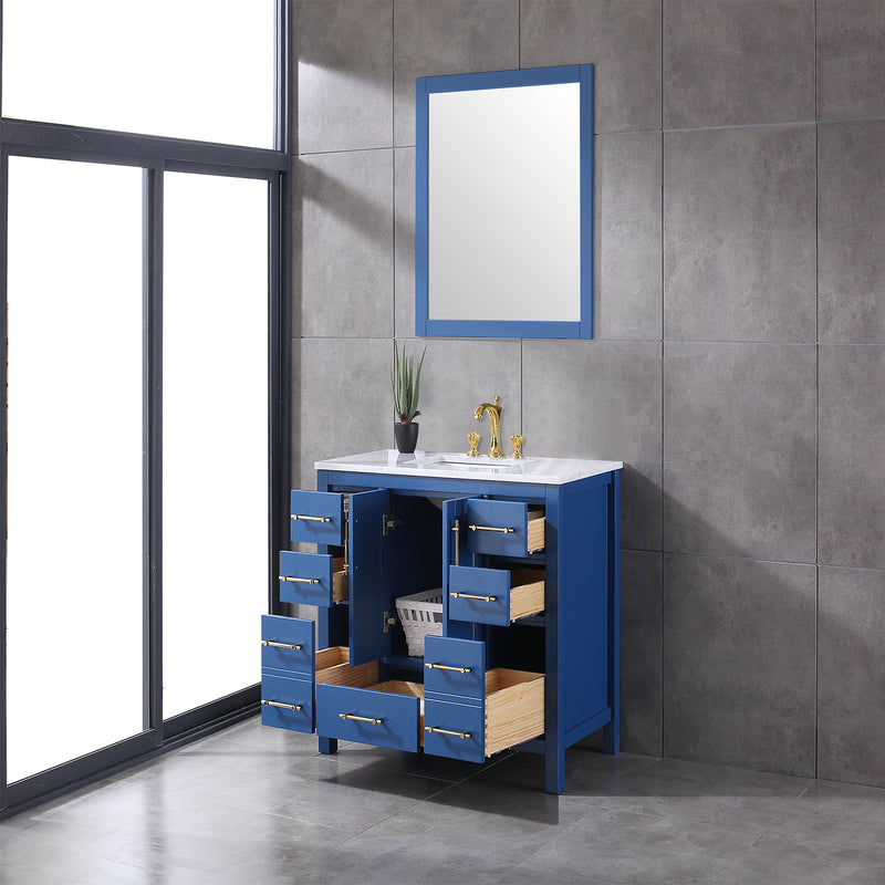 Eviva Navy 42" Deep Blue Transitional Bathroom Vanity w/ White Carrara Top