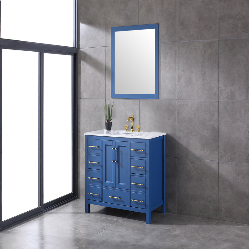 Eviva Navy 42" Deep Blue Transitional Bathroom Vanity w/ White Carrara Top