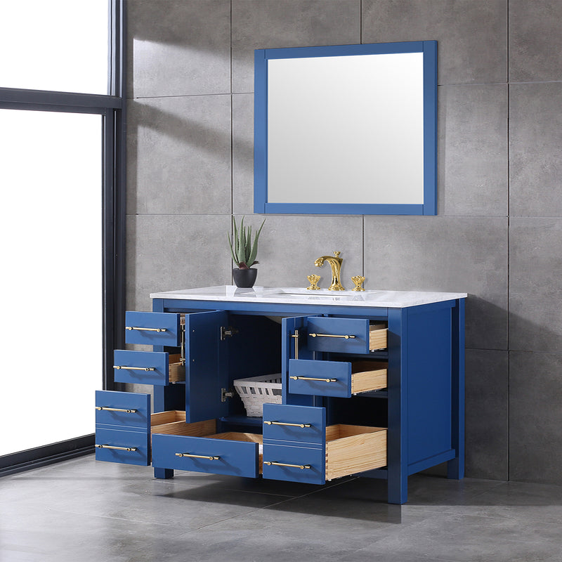 Eviva Navy 48" Deep Blue Transitional Bathroom Vanity w/ White Carrara Top
