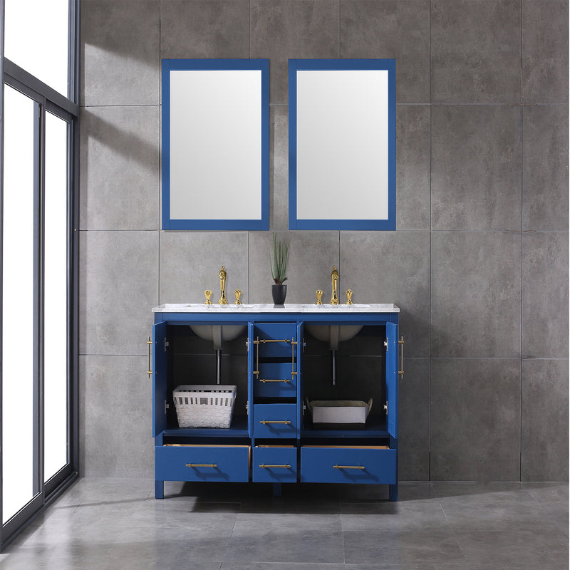 Eviva Navy 60" Deep Blue Transitional Double Sink Bathroom Vanity w/ White Carrara Top
