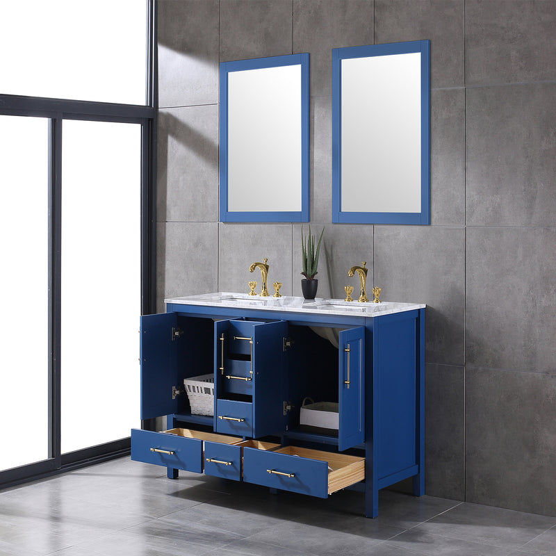 Eviva Navy 60" Deep Blue Transitional Double Sink Bathroom Vanity w/ White Carrara Top
