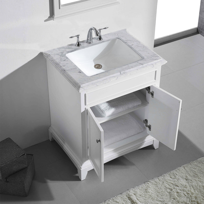 Eviva Elite Princeton 30" White Bathroom Vanity w/ Double Ogee Edge White Carrara Top