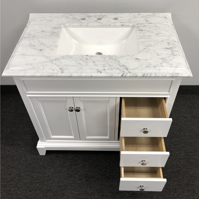 Eviva Elite Princeton 36" White Bathroom Vanity w/ Double Ogee Edge White Carrara Top