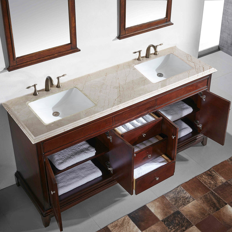 Eviva Elite Princeton 72" Teak Double Sink Bathroom Vanity w/ Double Ogee Edge Crema Marfil Top