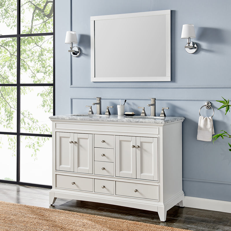 Eviva Elite Stamford 48" White Double Sink Bathroom Vanity w/ Double Ogee Edge White Carrara Top