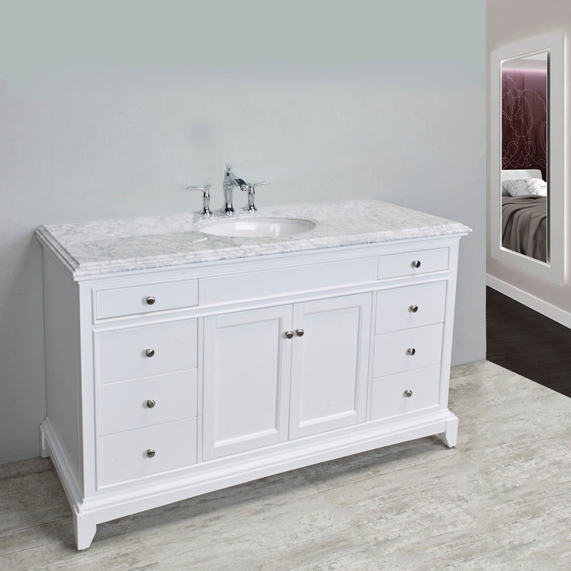 Eviva Elite Stamford 60" White Single Sink Bathroom Vanity w/ Double Ogee Edge White Carrara Top