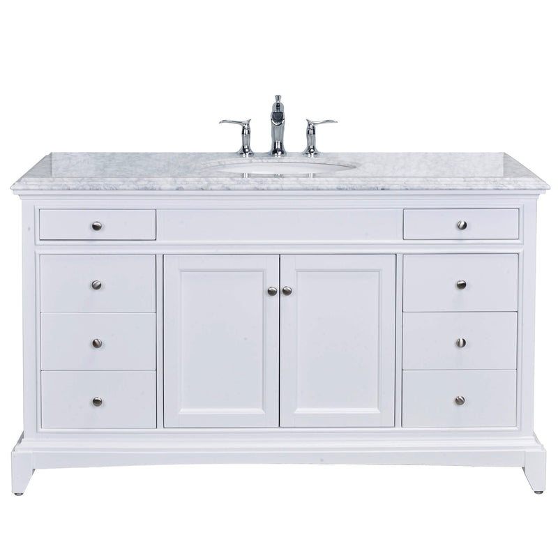 Eviva Elite Stamford 60" White Single Sink Bathroom Vanity w/ Double Ogee Edge White Carrara Top
