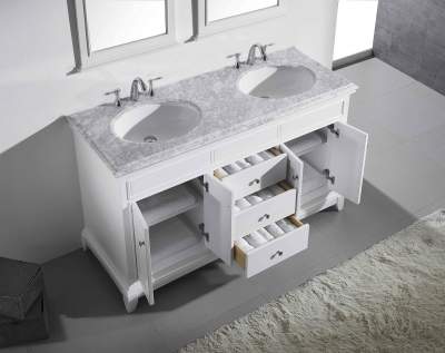 Eviva Elite Stamford 60" White Double Sink Bathroom Vanity w/ Double Ogee Edge White Carrara Top