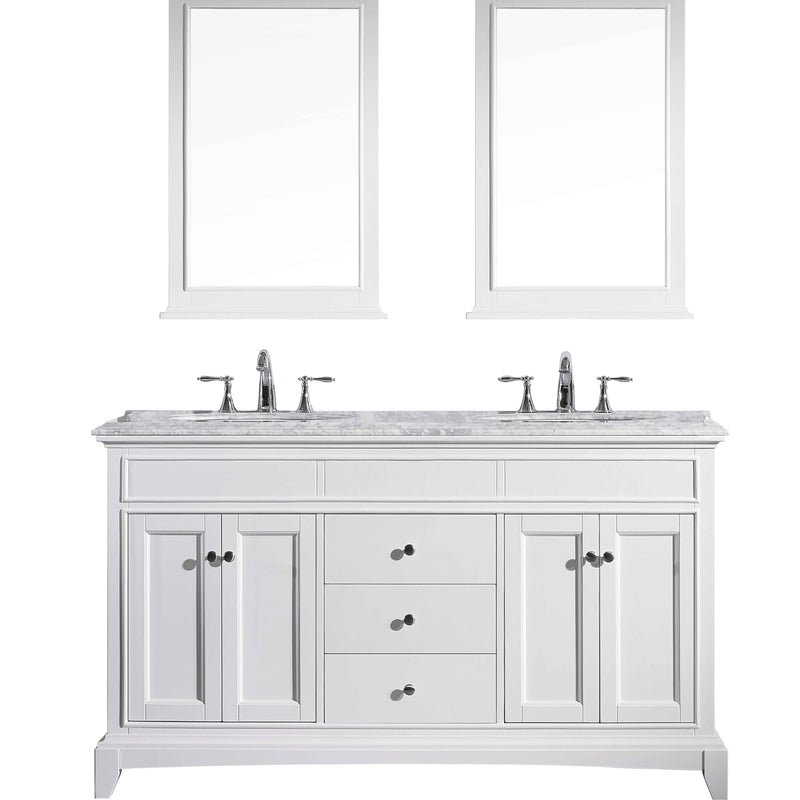 Eviva Elite Stamford 60" White Double Sink Bathroom Vanity w/ Double Ogee Edge White Carrara Top