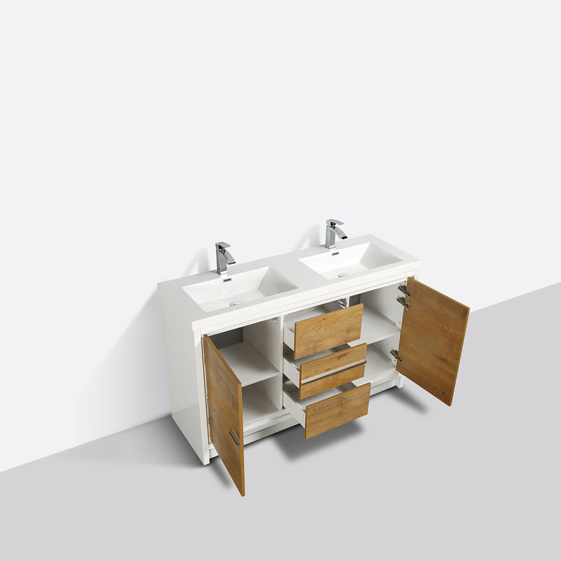 Eviva Grace 60" Natural Oak/White Double Sink Bathroom Vanity w/ White Integrated Top