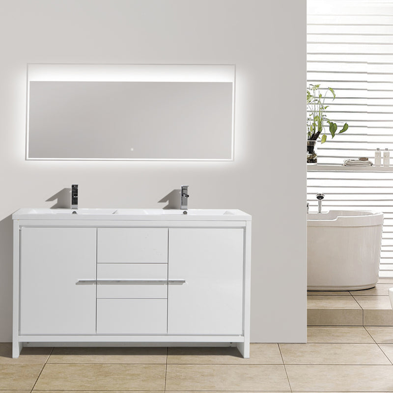 Eviva Grace 60" Glossy White Double Sink Bathroom Vanity w/ White Integrated Top